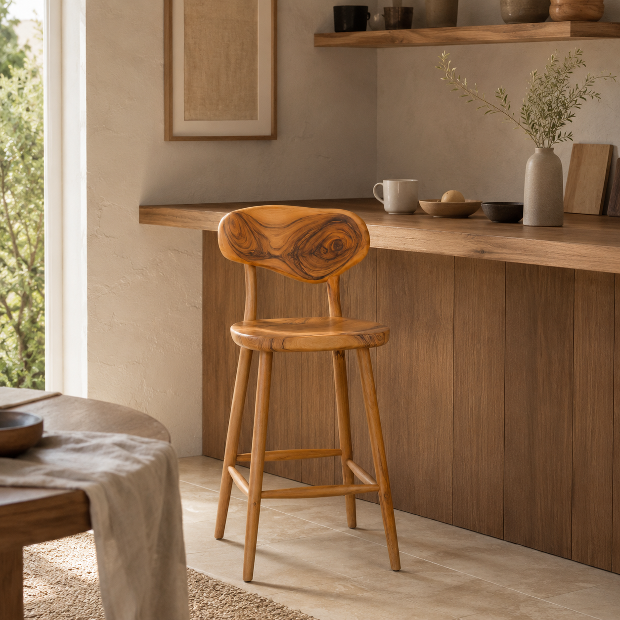 Wood Bar Stool – Solid Wood Counter Chair for Kitchen Island Decor