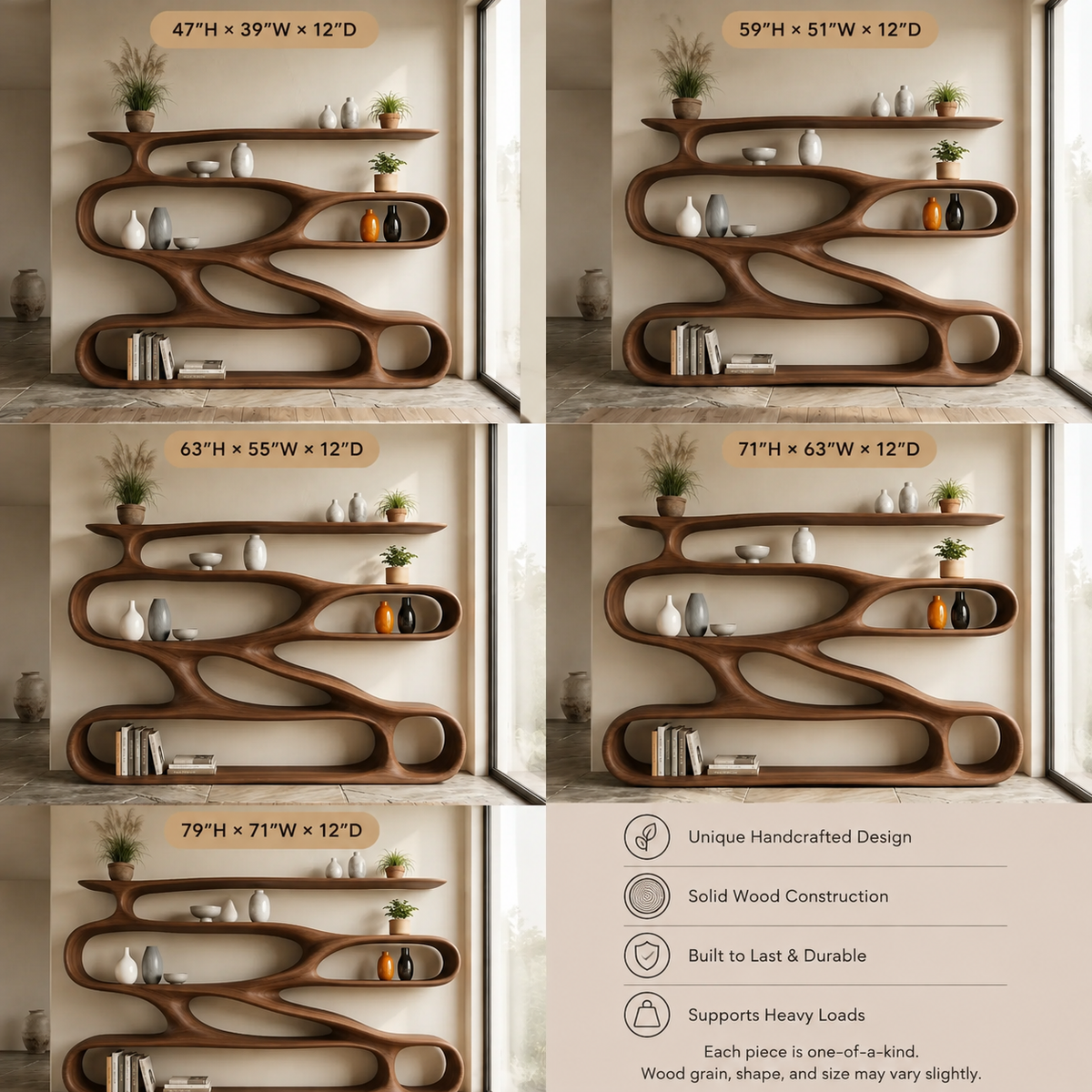 Wavy Bookcase – Sculptural Solid Wood Display Shelf
