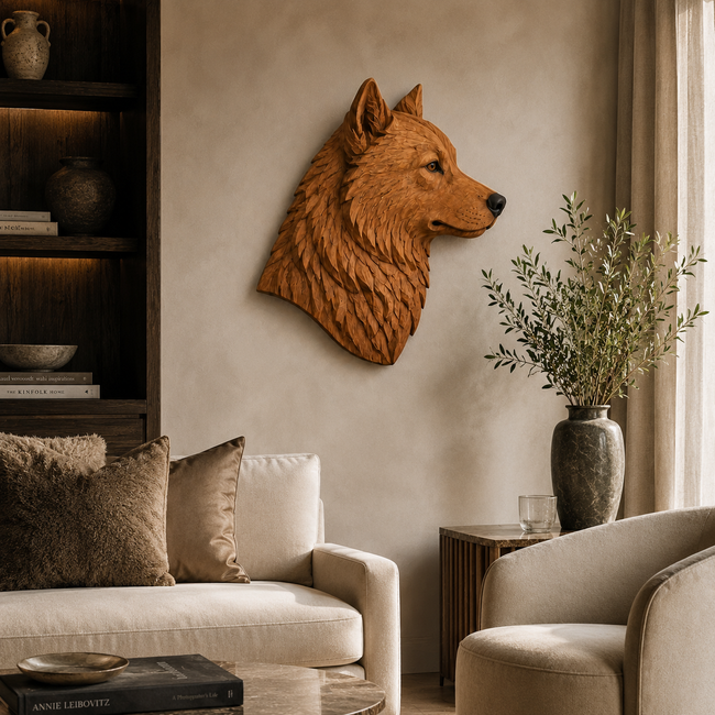 Wolf Head Wall Art – Solid Wood Decorative Panel for Rustic Home Deco Main Image
