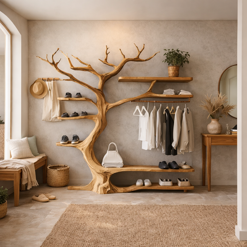 Tree Wall Shelf with Coat Rack – Wooden Entryway Organizer
