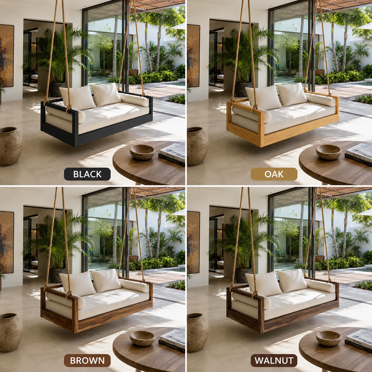 Wood Hanging Porch Swing – Solid Wood Outdoor Swing Sofa with Cushions for Patio Decor