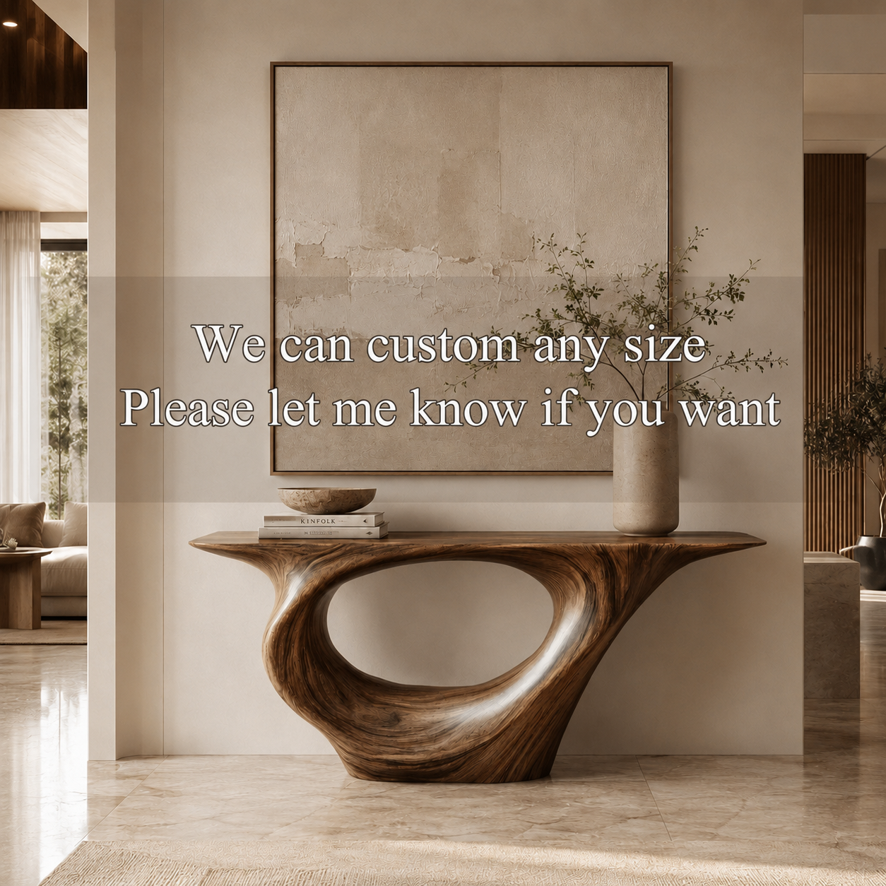 Sculptural Console Table – Solid Wood Entryway Table with Round Mirror