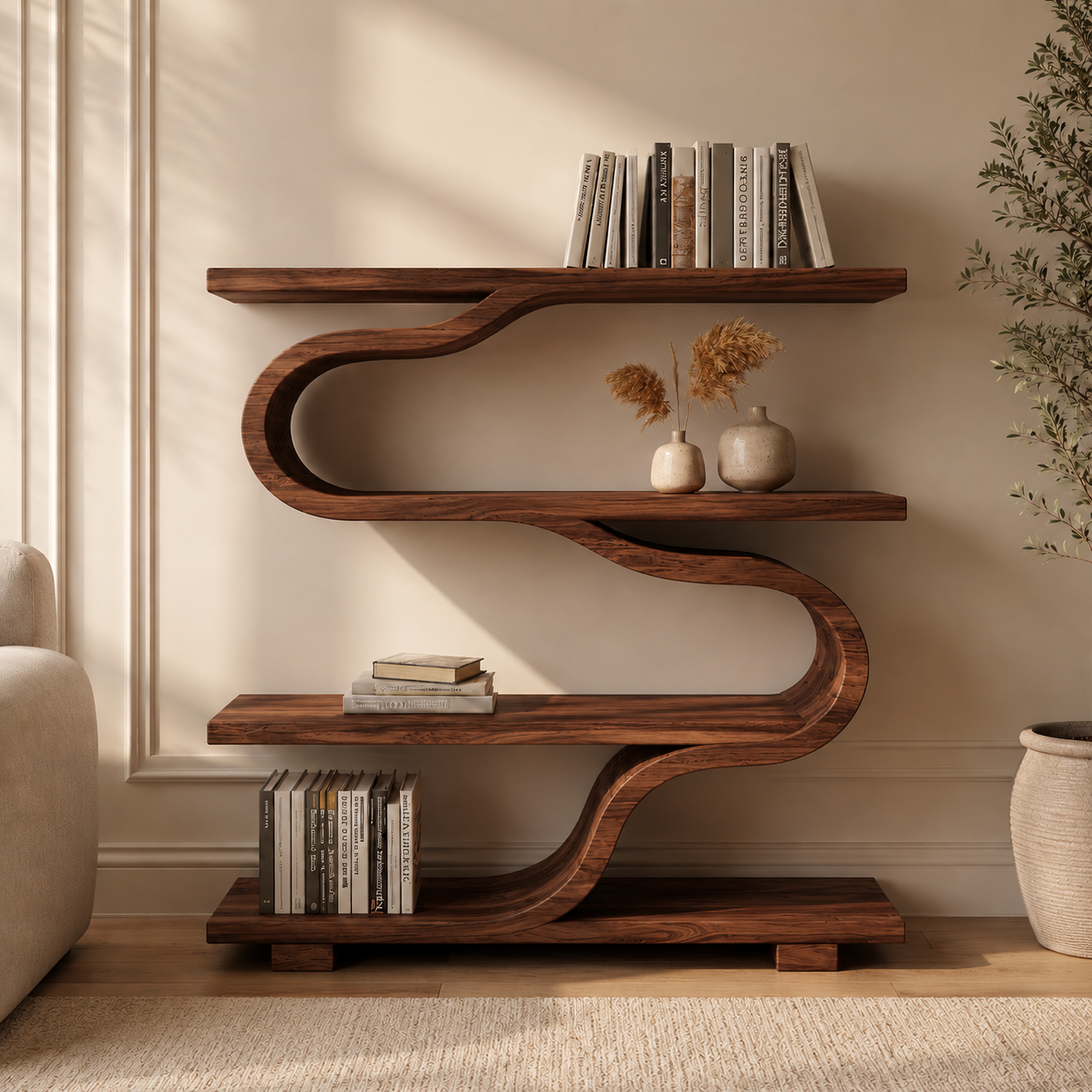 S-Shaped Bookcase – Sculptural Solid Wood Shelf for Living Room