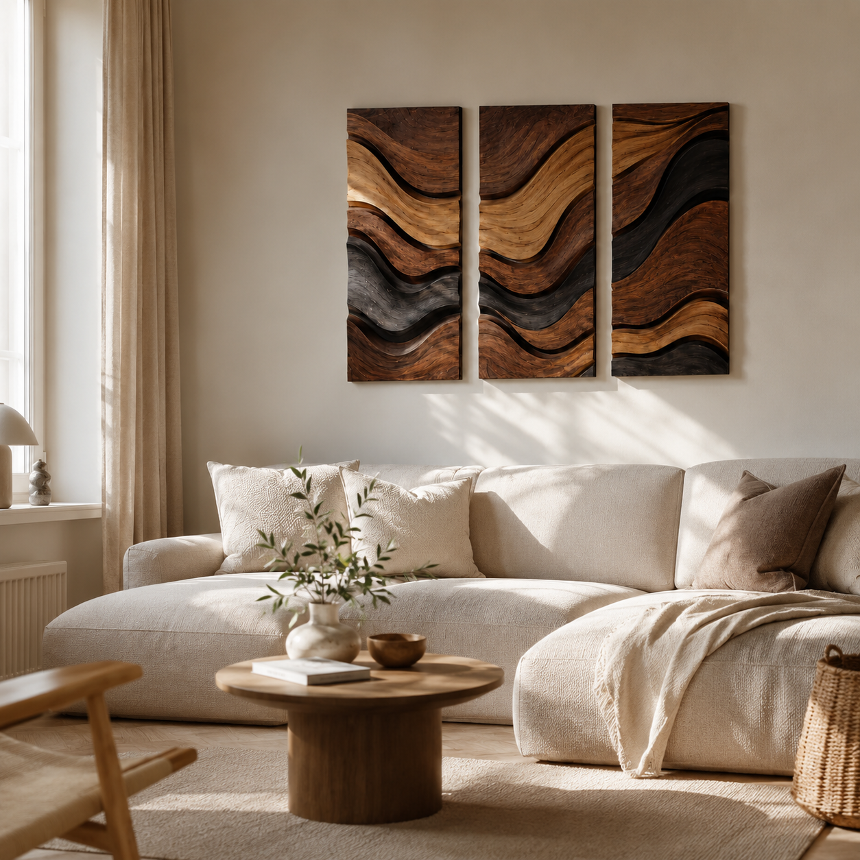 Wave Wood Wall Art – Solid Wood 3 Panel Carved Wall Decor for Living Room Decor