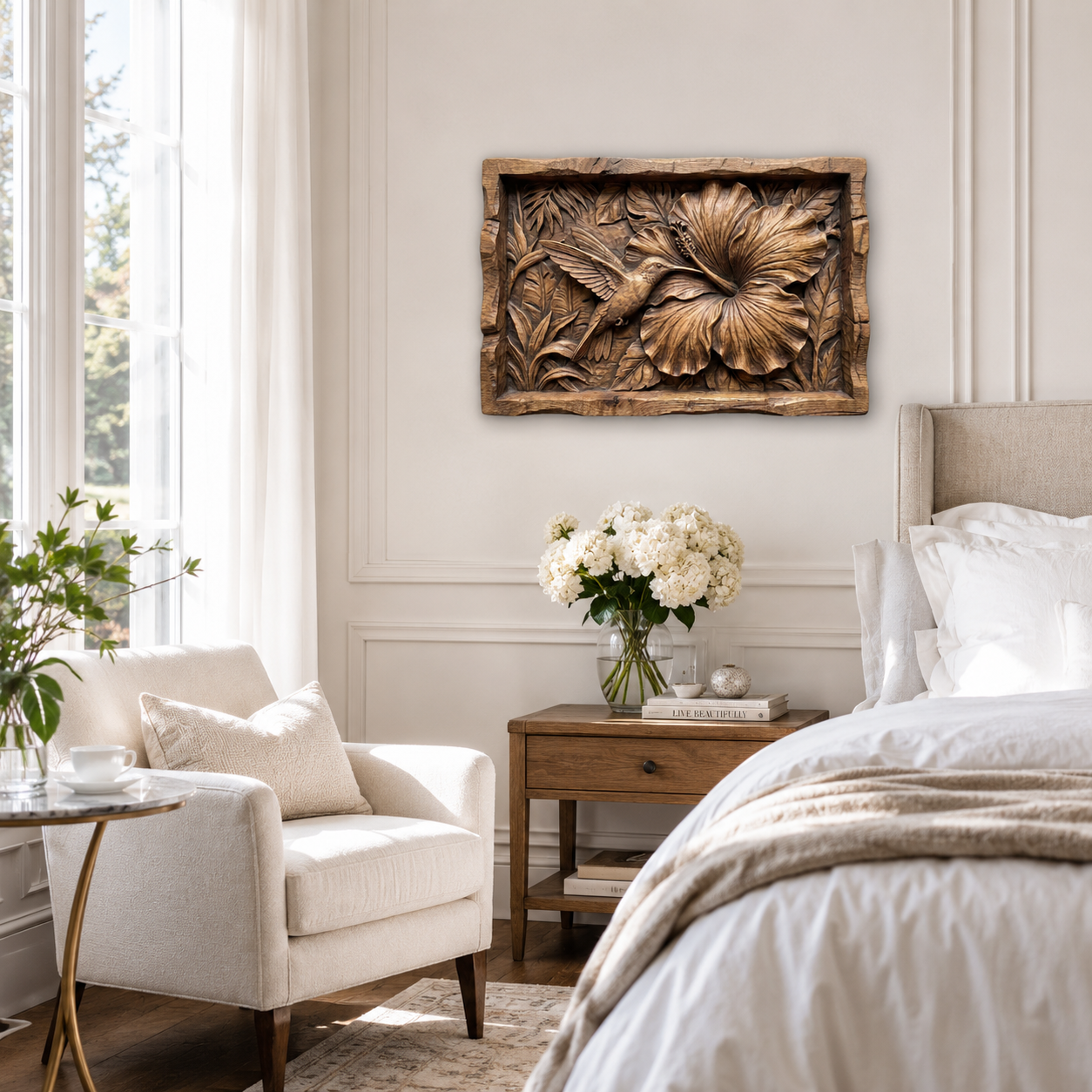 Hummingbird Flower Wood Wall Art – Solid Wood 3D Relief Carving for Home Decor