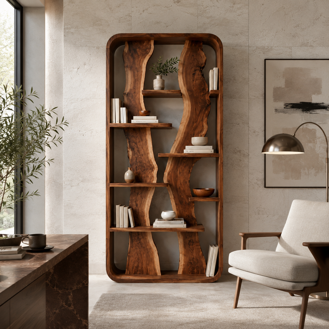 Organic Wood Bookshelf – Solid Wood Display Shelf for Living Room Decor