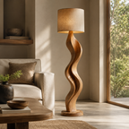 Sculptural Wood Floor Lamp – Solid Wood Standing Lamp with Fabric Shade for Living Room Decor