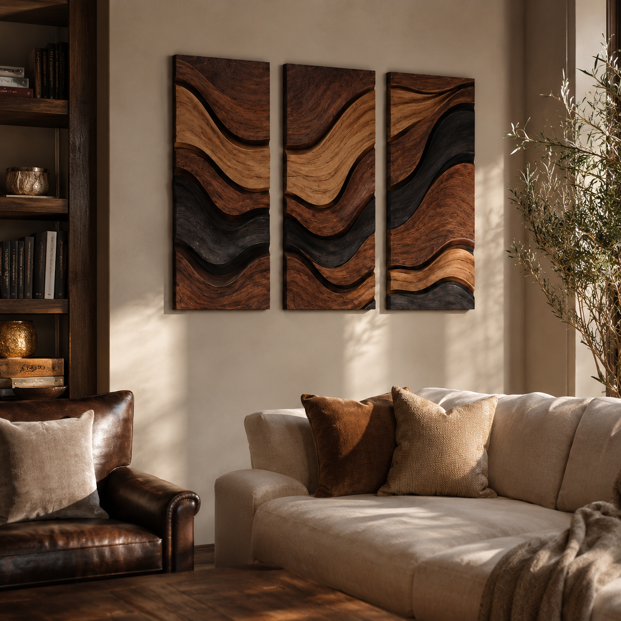 Wave Wood Wall Art – Solid Wood 3 Panel Carved Wall Decor for Living Room Decor
