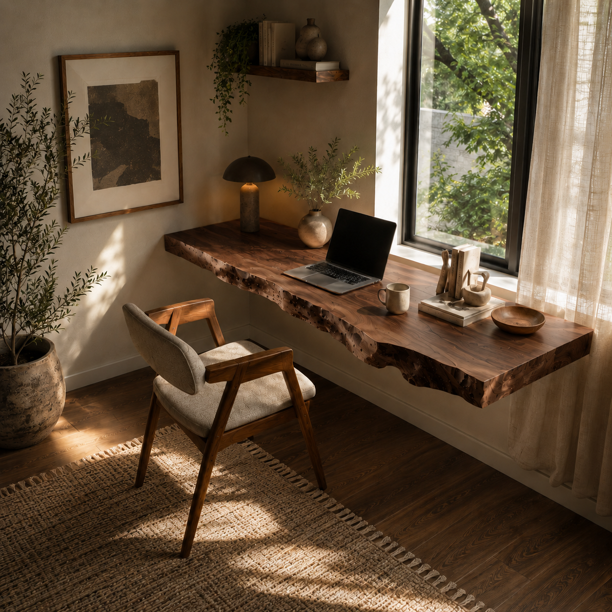 Live Edge Solid Wood Floating Desk – Modern Wall Mounted Wooden Desk for Home Office