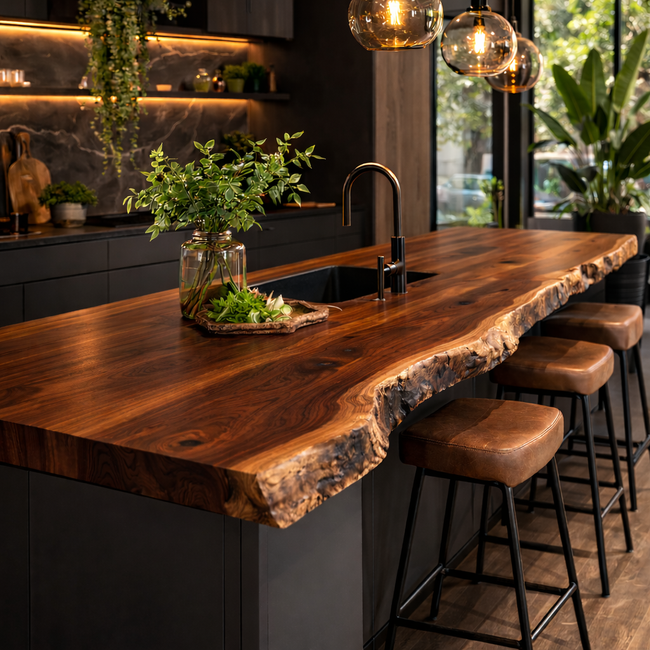 Live Edge Solid Wood Kitchen Island Countertop – Rustic Natural Wood Slab Bar Top for Modern Kitchen Main Image