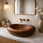 Hand-Carved Solid Wood Vessel Sink – Organic Round Bathroom Basin
