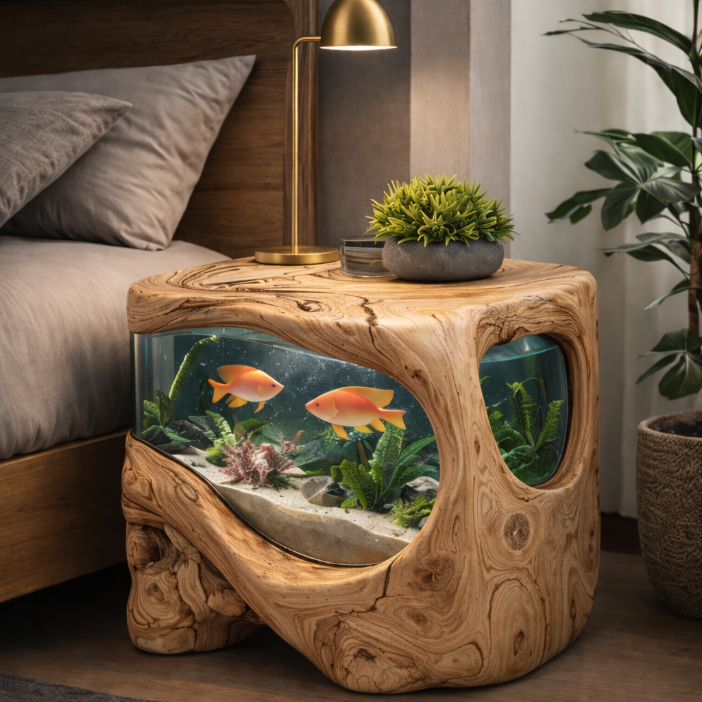 Handcrafted Solid Wood Aquarium Side Table – Sculptural Fish Tank End Table