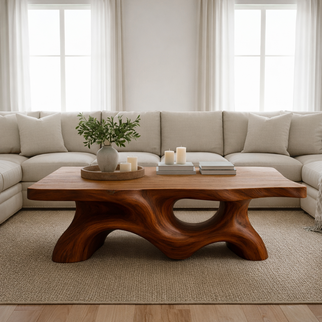 Sculptural Wave Solid Wood Coffee Table – Handcrafted Organic Curved Design