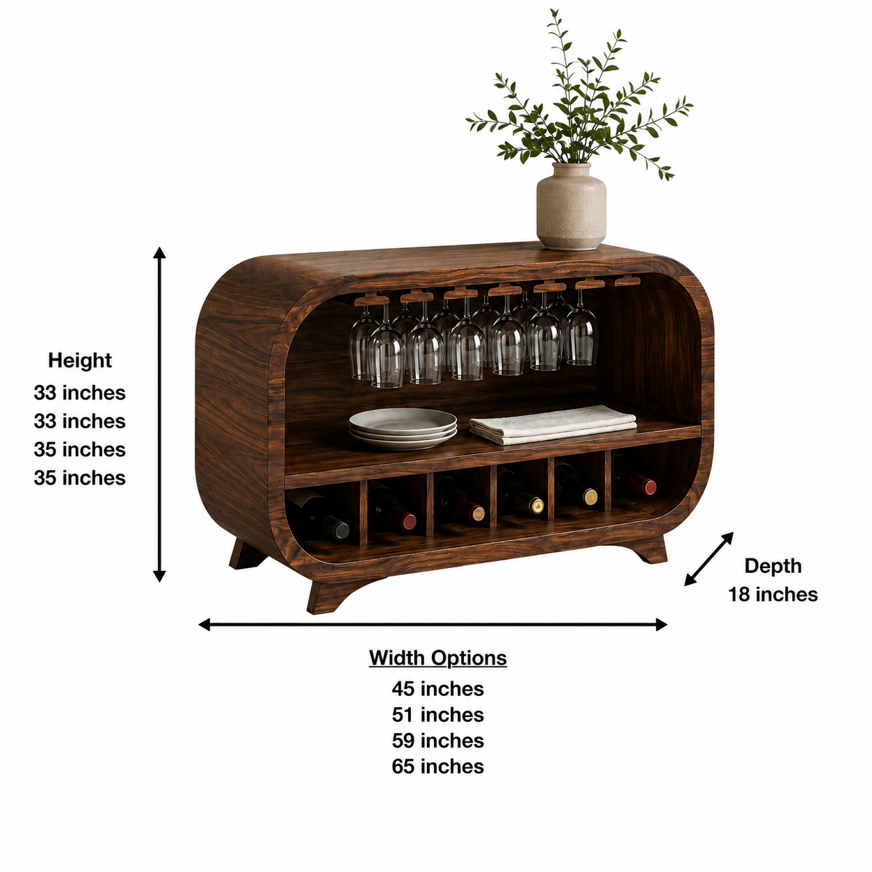 Curved Wood Bar Cabinet – Solid Wood Wine Storage Cabinet with Glass Holder for Living Room Decor