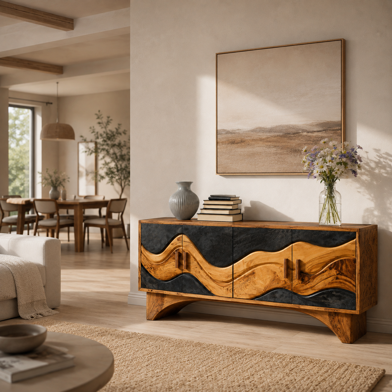 Wave Inlay Wood Sideboard Cabinet