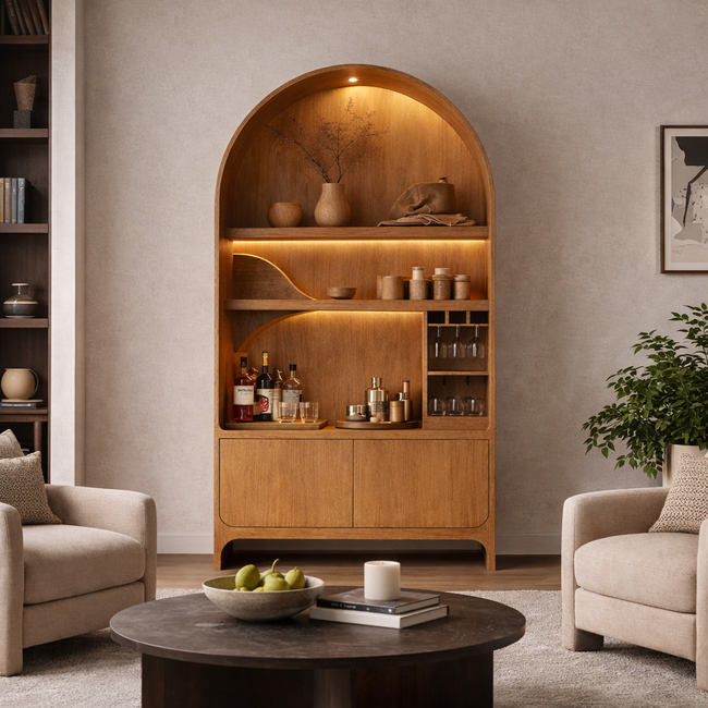 Arched Wooden Display Cabinet with Integrated Lighting | Modern Storage & Showcase Unit Hover Image