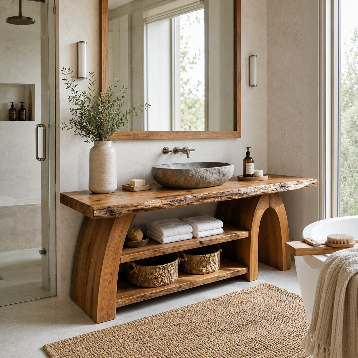 Live Edge Wood Bathroom Vanity – Solid Wood Sink Console with Storage Shelves for Bathroom Decor