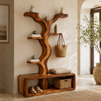 Wave Tree Entryway Hall Tree – Solid Wood Coat Rack Bench with Shelves and Shoe Storage