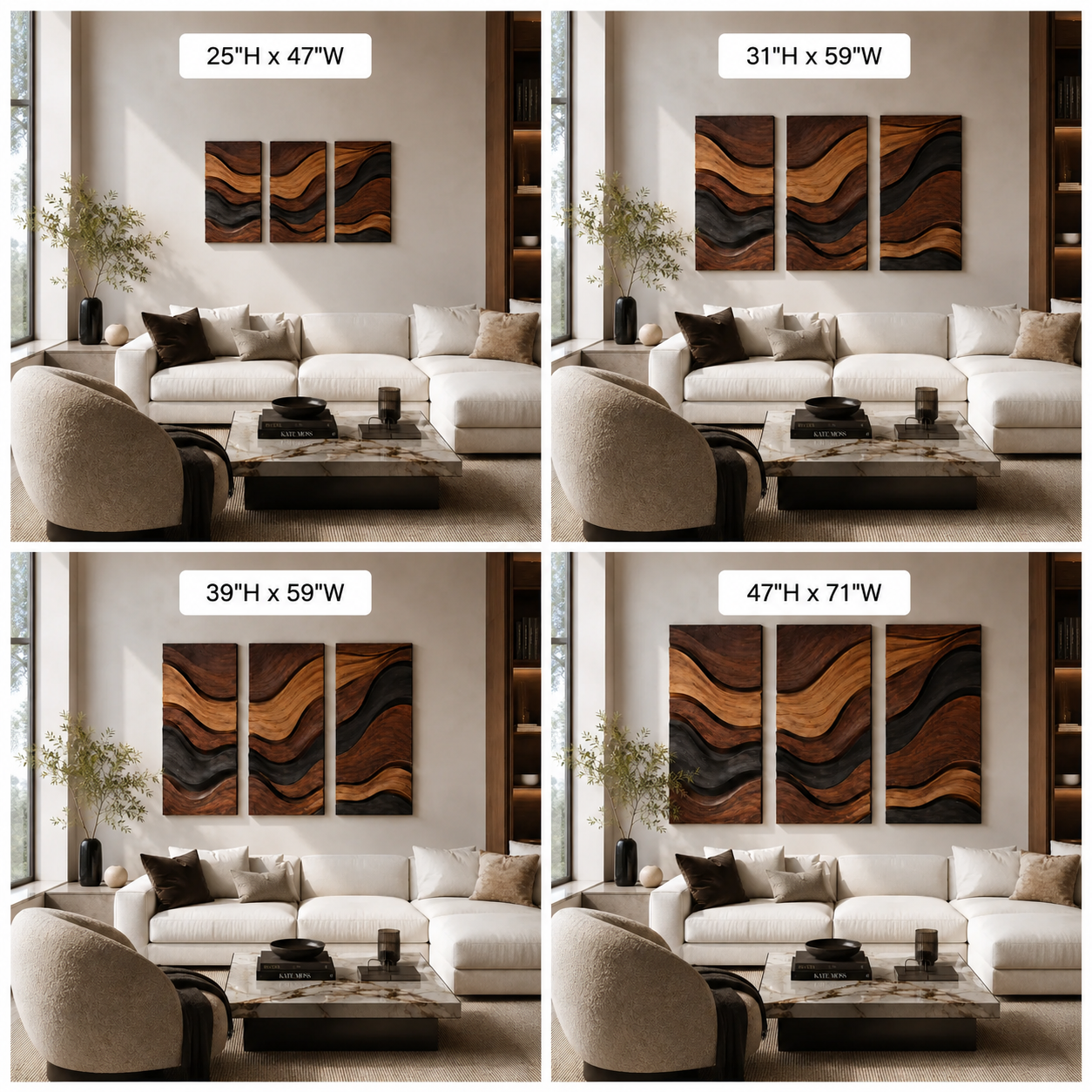 Wave Wood Wall Art – Solid Wood 3 Panel Carved Wall Decor for Living Room Decor
