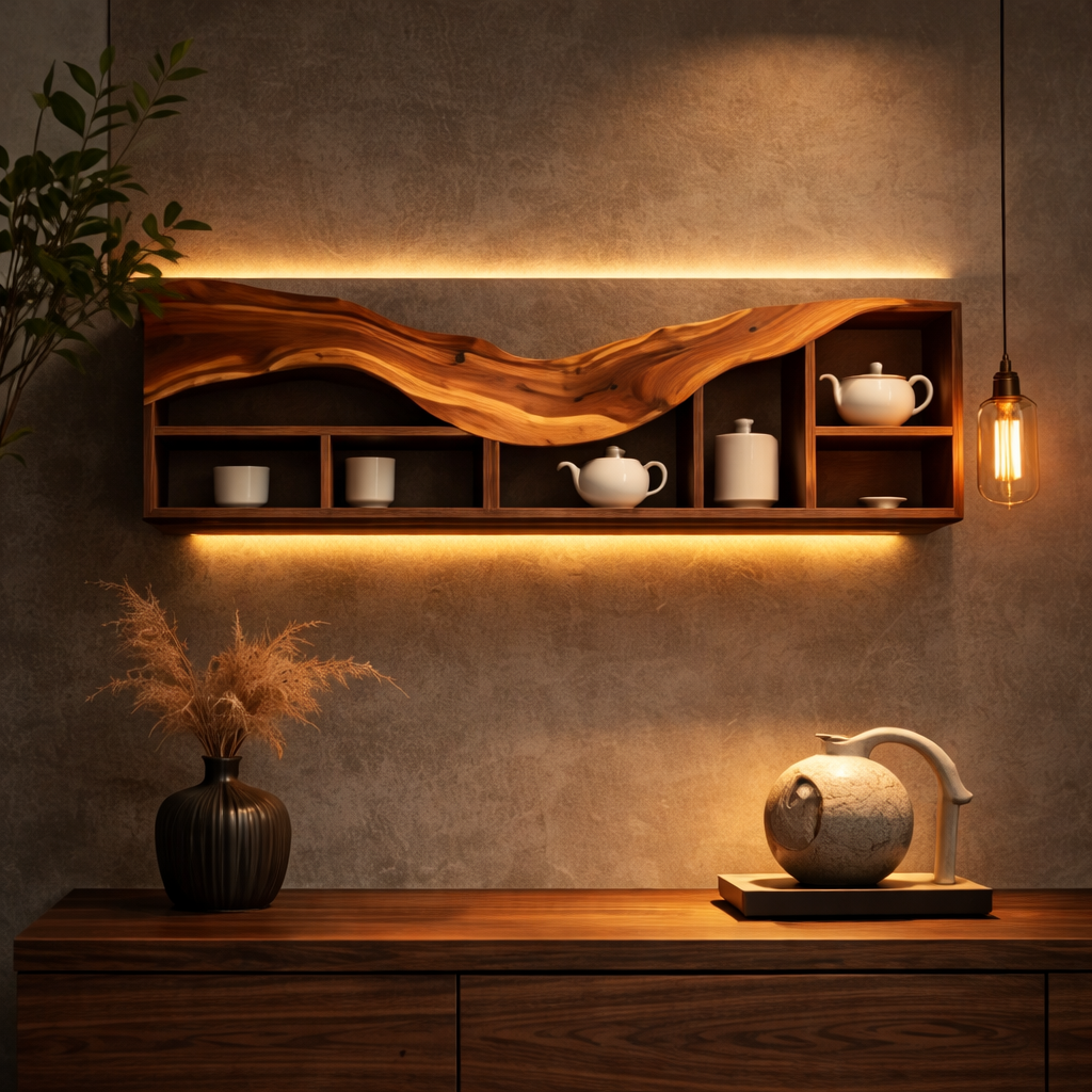 Curved Floating Shelf – Sculptural Solid Wood Wall Shelf with Storage