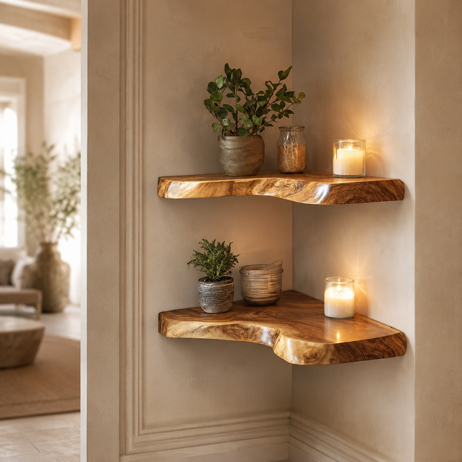 Live Edge Corner Shelves – Solid Wood Floating Shelves for Home Decor Main Image