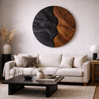 Round Wood Wall Art – Sculptural Black and Walnut Decor for Living Room