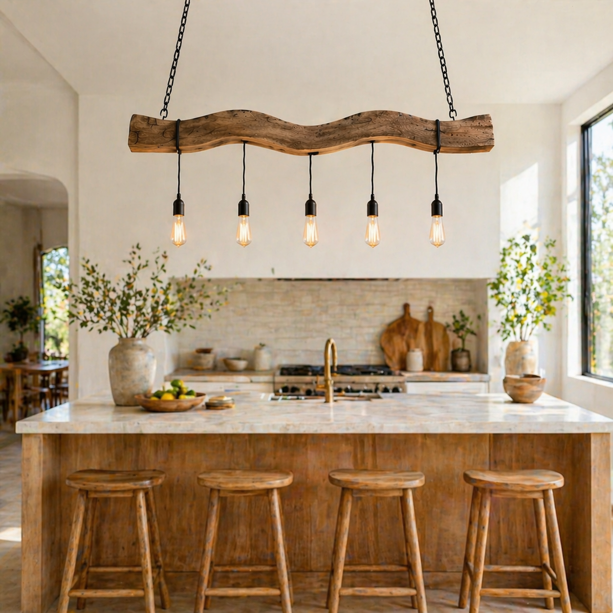 Kitchen Island Pendant Light – Solid Wood Hanging Lamp with Multiple Bulbs for Kitchen Decor