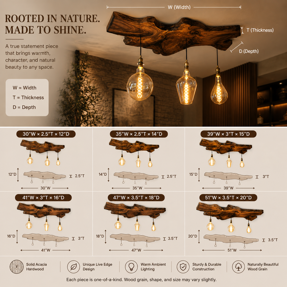 Live Edge Pendant Light – Solid Wood Ceiling Lamp with Hanging Bulbs