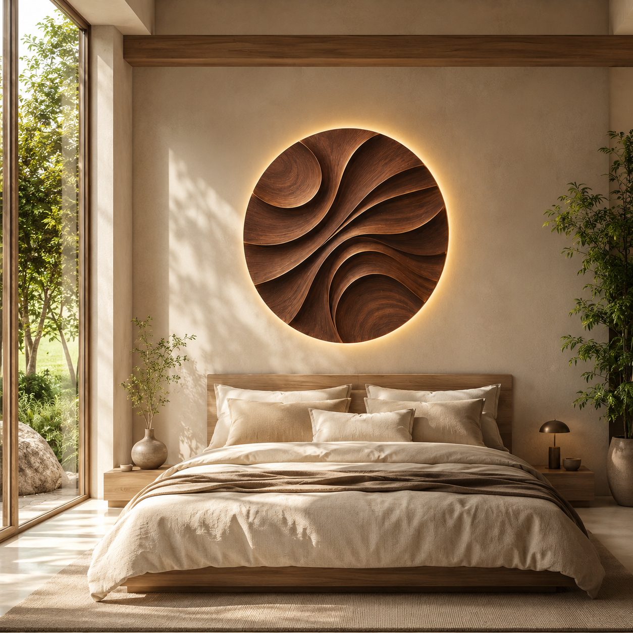 Round Wood Wall Art – Solid Wood Backlit Wall Decor for Bedroom Decor