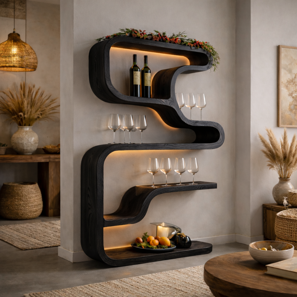 S-Shaped Floating Shelf – Solid Wood Wall Shelf with Storage