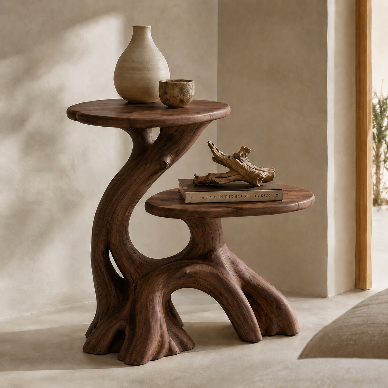 Sculptural Side Table – Solid Wood Accent Table for Living Room
