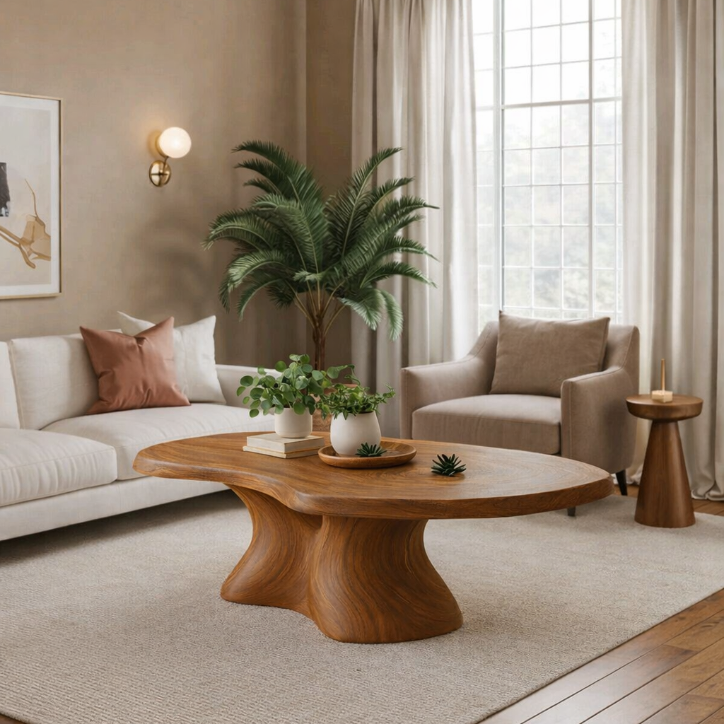 Organic Pedestal Solid Wood Coffee Table – Sculptural Center Table
