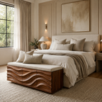 Wave Carved Wood Bedroom Bench – Solid Wood End of Bed Storage Bench with Upholstered Cushion