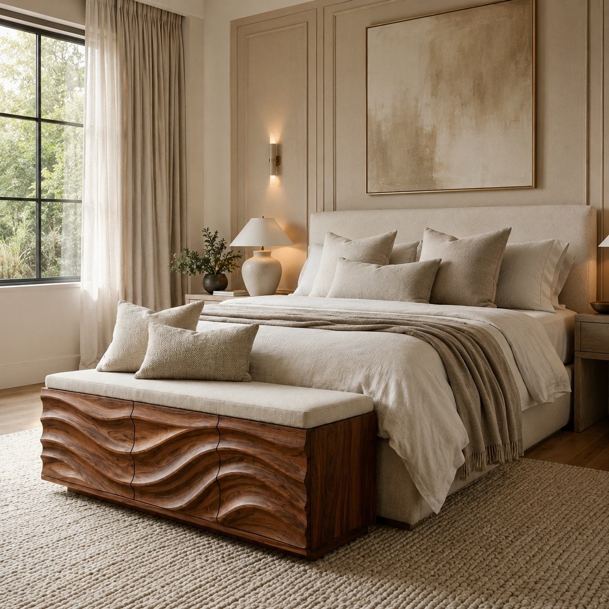 Wave Carved Wood Bedroom Bench – Solid Wood End of Bed Storage Bench with Upholstered Cushion