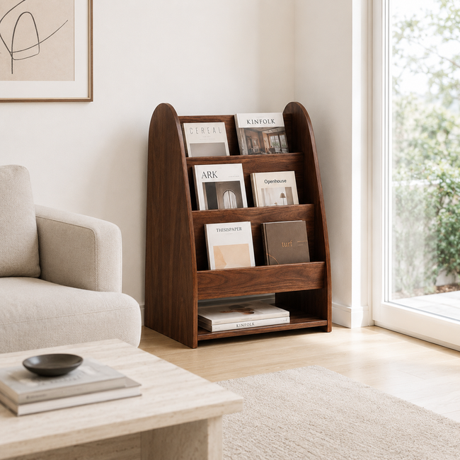 Wooden Magazine Rack – Solid Wood Display Stand for Reading Corner Decor Hover Image