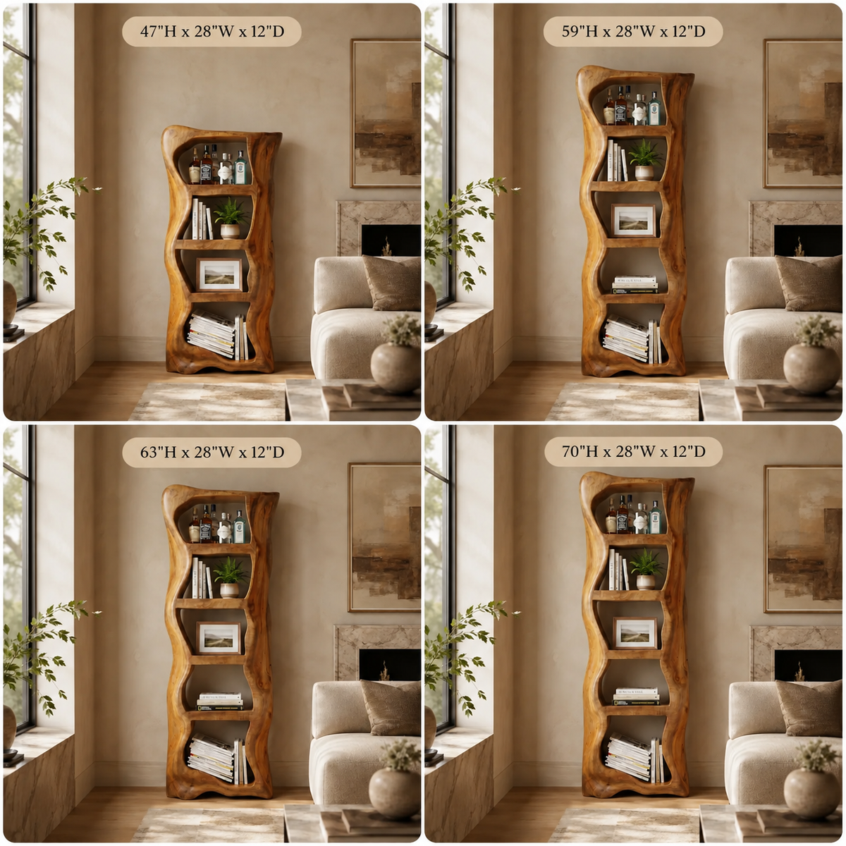 Sculptural Bookcase – Solid Wood Display Shelf for Living Room