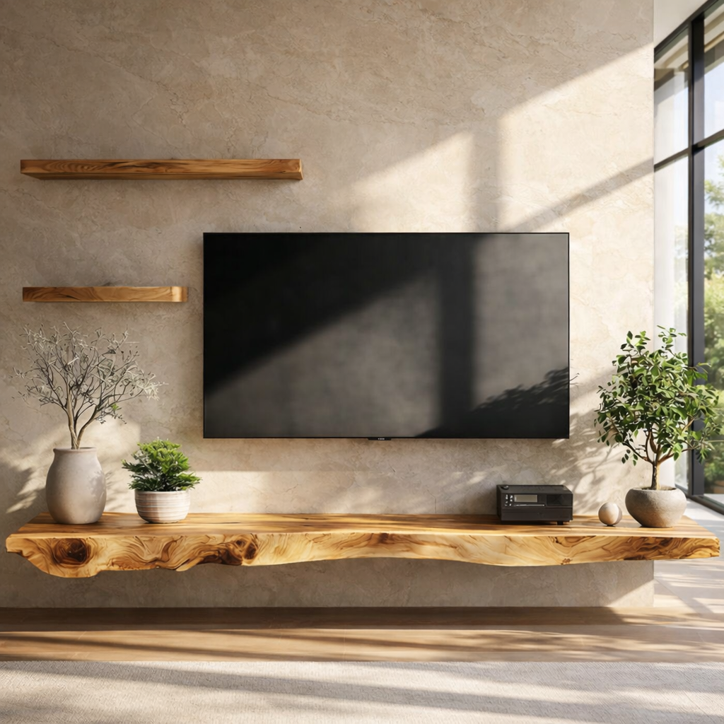 Live Edge Floating Stand – Solid Wood Wall-Mounted Console for Living Room Deco