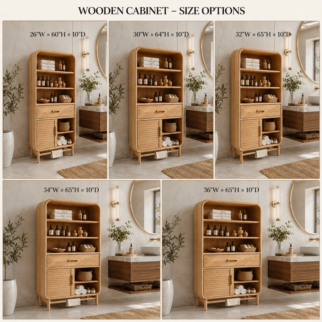 Rounded Wood Bathroom Storage Cabinet – Solid Wood Linen Cabinet with Shelves for Bathroom Decor