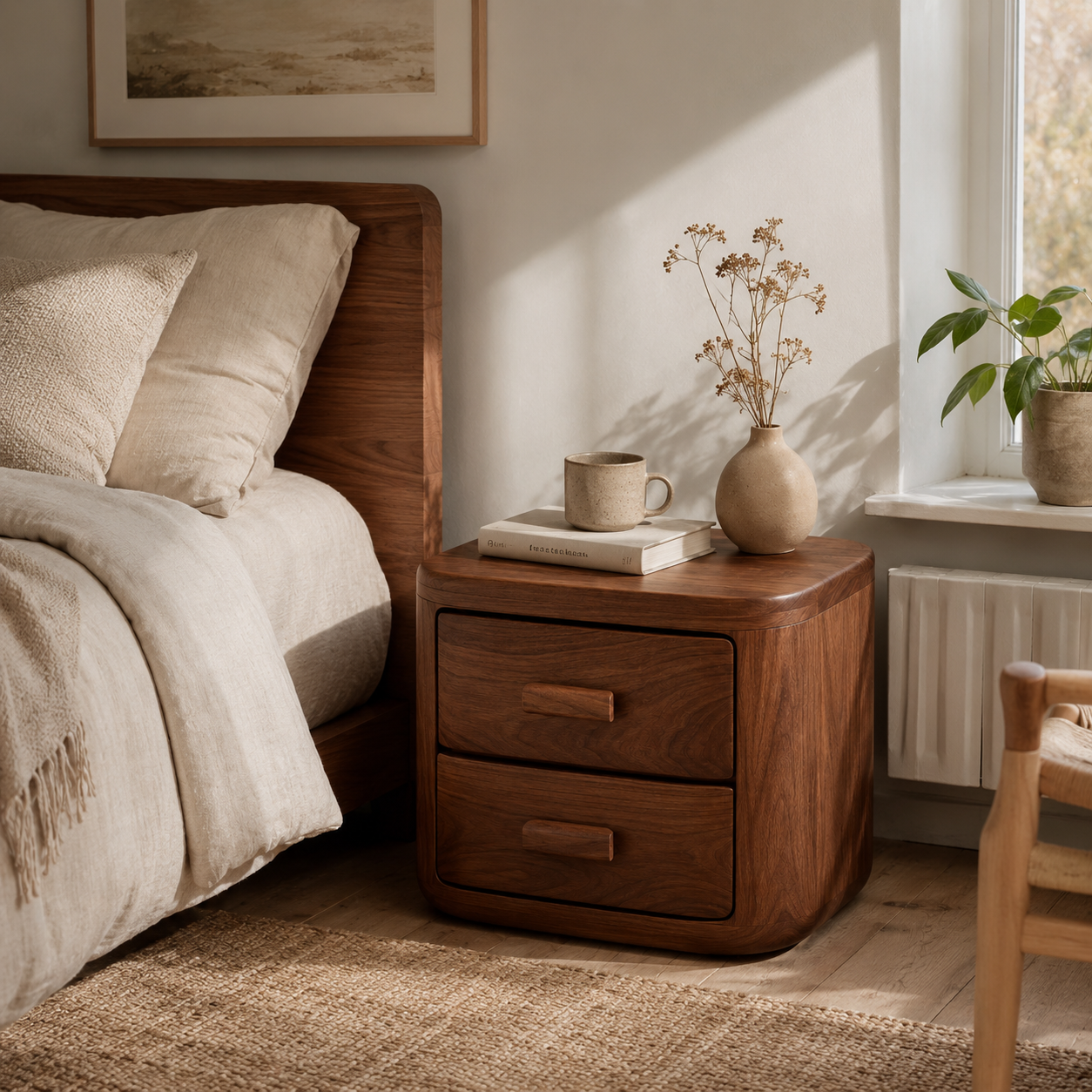 Rounded Wood Nightstand – Solid Wood Bedside Table for Bedroom Decor