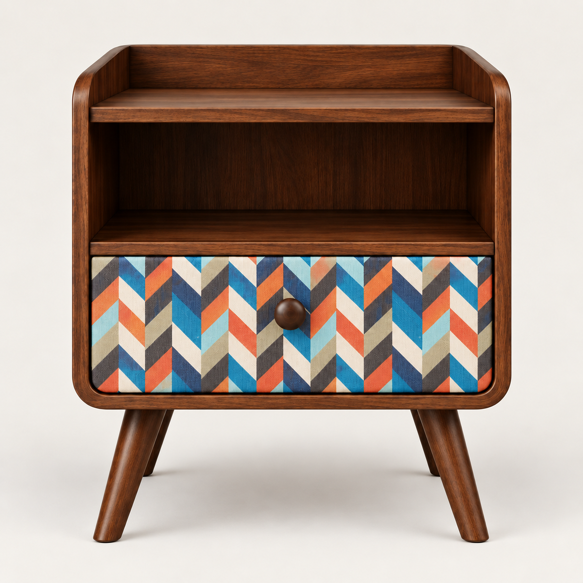Mid-Century Walnut Nightstand with Geometric Drawer