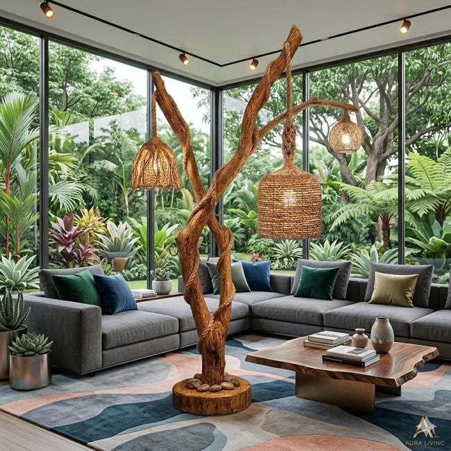 Tree Branch Floor Lamp – Solid Wood Standing Light for Living Room Decor Hover Image