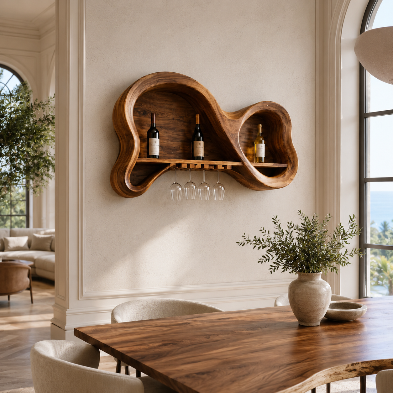 Wall-Mounted Wine Rack – Solid Wood Bottle Holder with Glass Storage