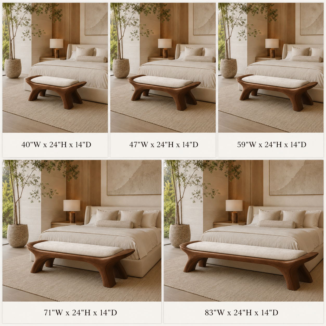 Sculptural Wood Bedroom Bench – Solid Wood End of Bed Bench with Cushion for Bedroom Decor