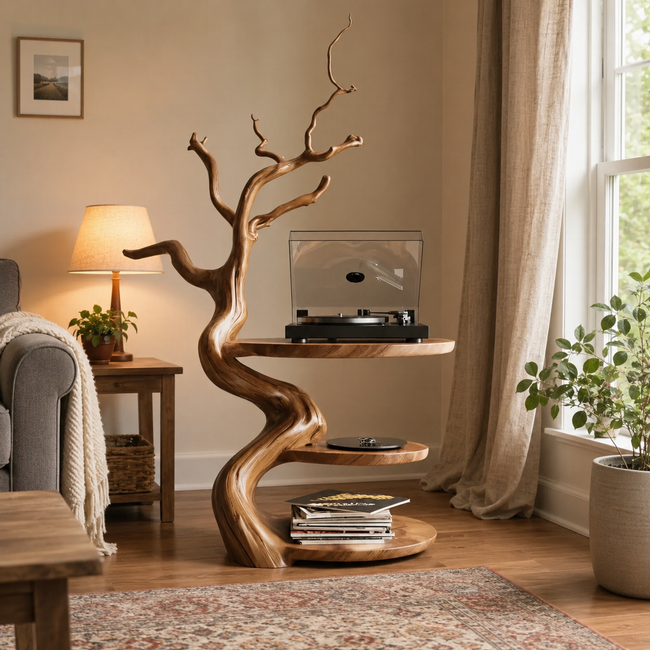 Tree Branch Wooden Side Table – Sculptural Solid Wood Accent Table with Storage Shelves Main Image