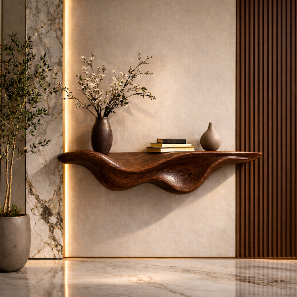 Curved Floating Shelf – Sculptural Solid Wood Wall Shelf for Living Room
