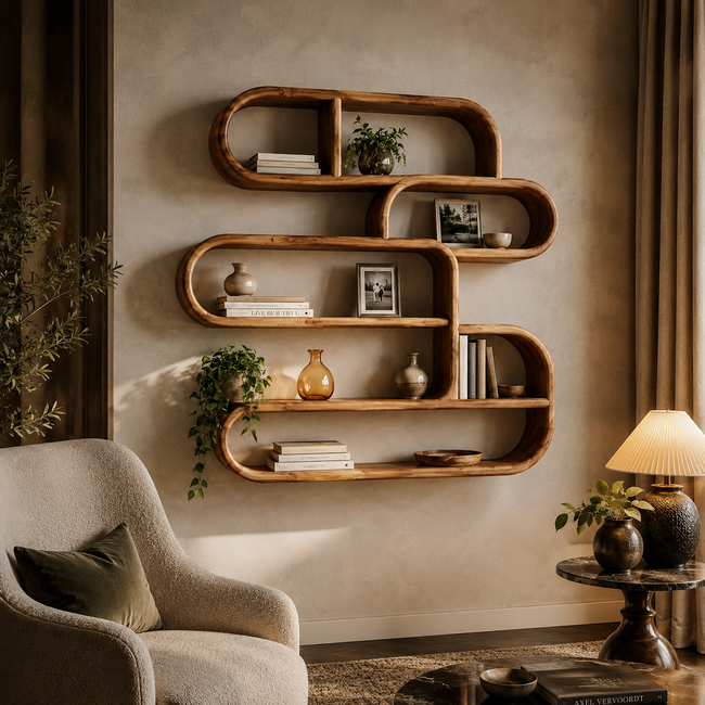 Rounded Wood Wall Shelves – Solid Wood Floating Display Shelf Set for Living Room Decor Main Image