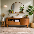 Mid-Century Bathroom Vanity – Wooden Vanity with Round Mirror and Storage