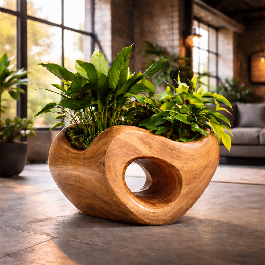 Modern Circular Wooden Planter with Lush Foliage – Artistic Home Décor