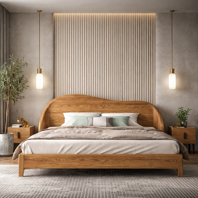 Scandinavian Style Wooden Bed with Curved Headboard | Minimalist Bedroom Design Hover Image
