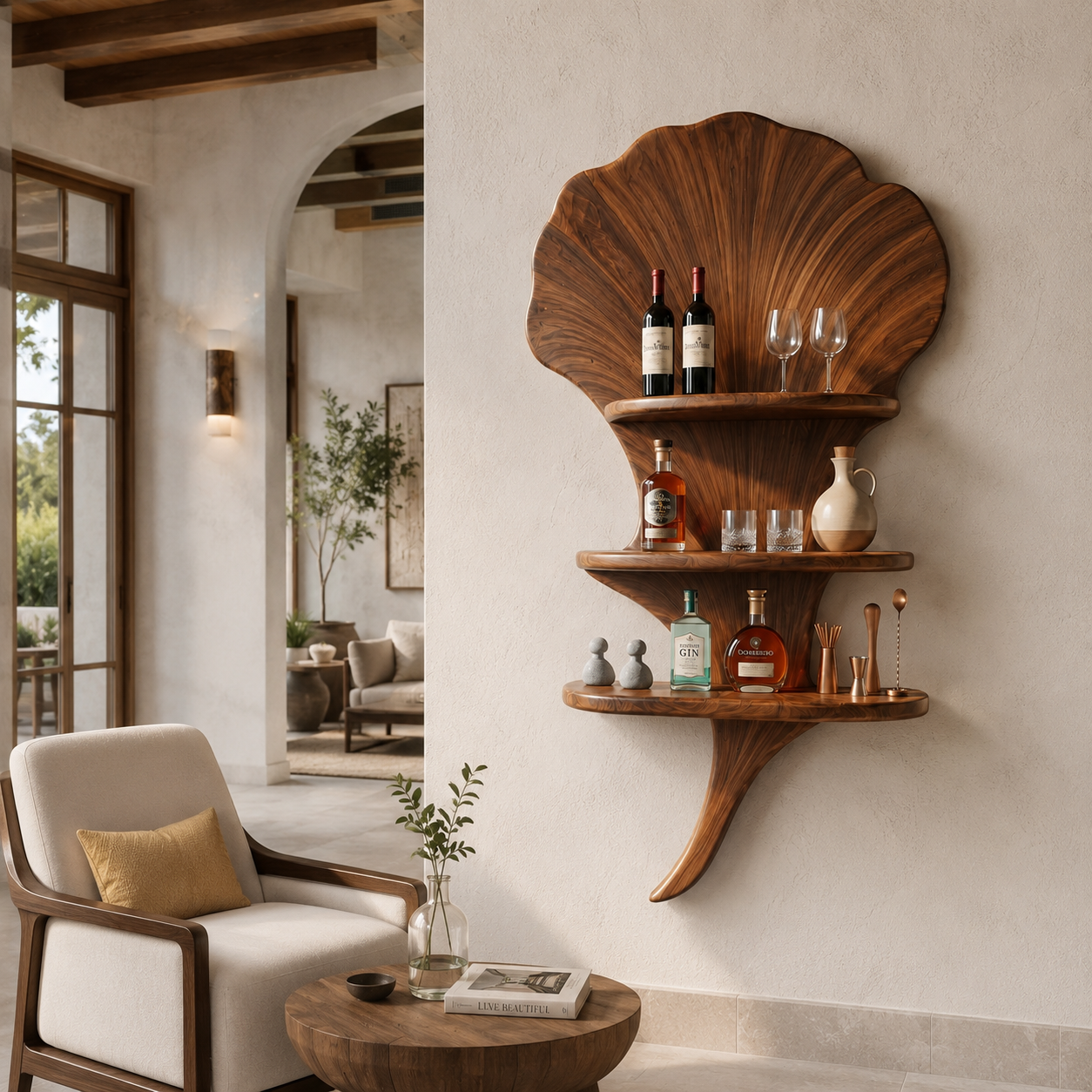 Shell Wood Bar Shelf – Solid Wood Wall Mounted Display Shelf for Home Bar Decor